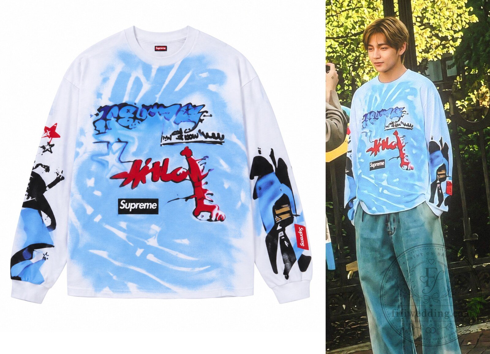 BTS V Kim Taehyung Supreme KAWS Chalk Logo Clouds Tie-Dye Blue White Long Sleeve T-Shirt