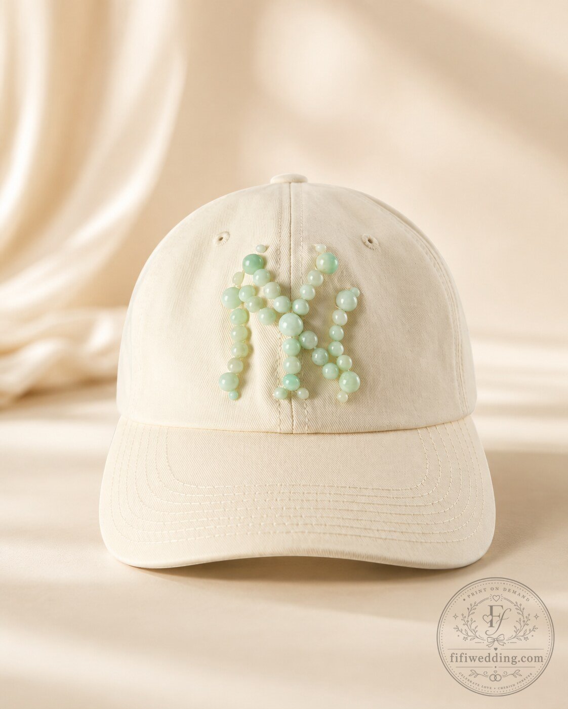 Luxury NY New York Beige Baseball Cap - Green Jade Beaded Logo Dad Hat