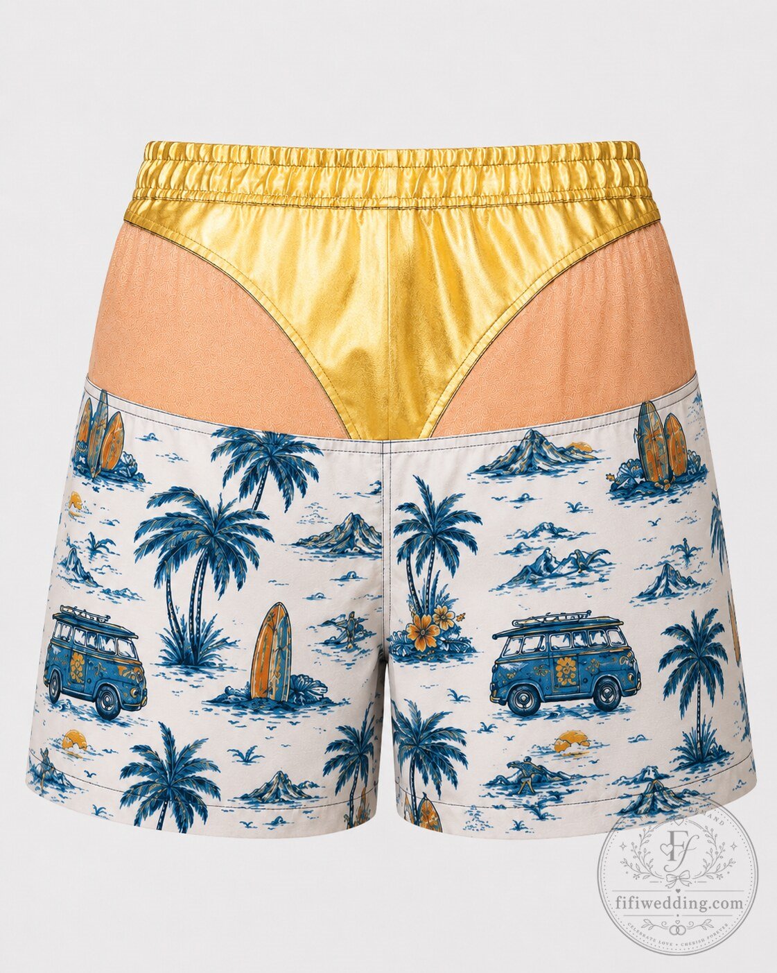 "Adorable Baby Bodysuit and Humorous Men's Swim Trunks for Halloween" 3 Funny Shiny Gold Faux Underwear 2-in-1 Tropical Beach Coconut Tree Vintage Blue Van Men Swim Trunks
