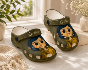Coraline Button Eyes Yellow Raincoat Olive Green Clogs 5 Coraline Button Eyes Yellow Raincoat Olive Green Clogs