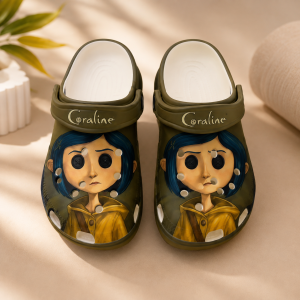 Coraline Button Eyes Yellow Raincoat Olive Green Clogs 4 Coraline Button Eyes Yellow Raincoat Olive Green Clogs