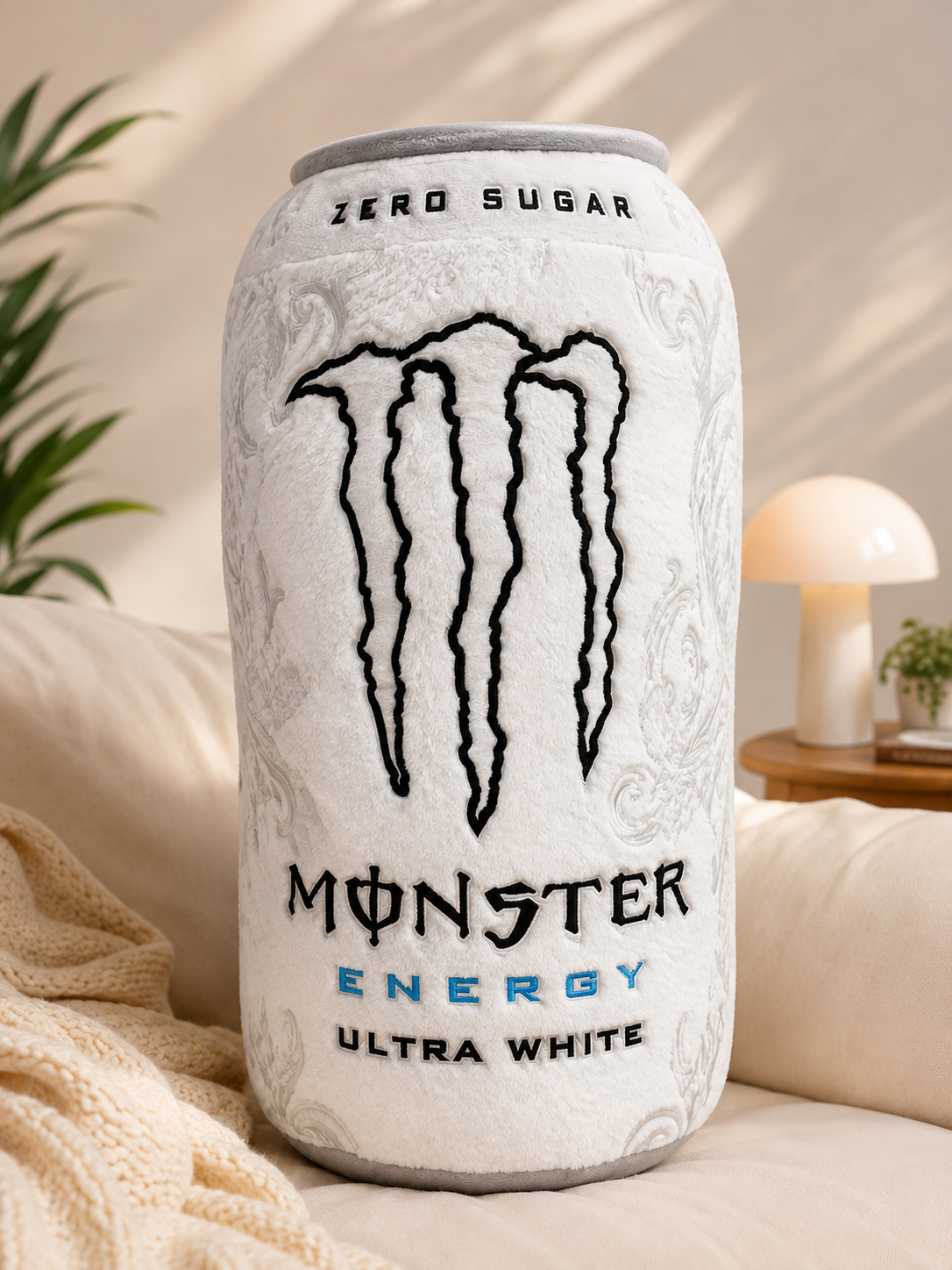 Monster Energy Ultra White Can Shaped Plush Pillow