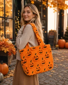 Halloween Pumpkin Fuzzy Knit Tote Bag
