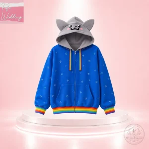 Gray Cat Ear Rainbow Pixel Star Blue Zip-Up Hoodie