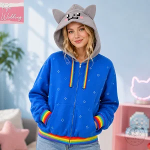 Gray Cat Ear Rainbow Pixel Star Blue Zip-Up Hoodie